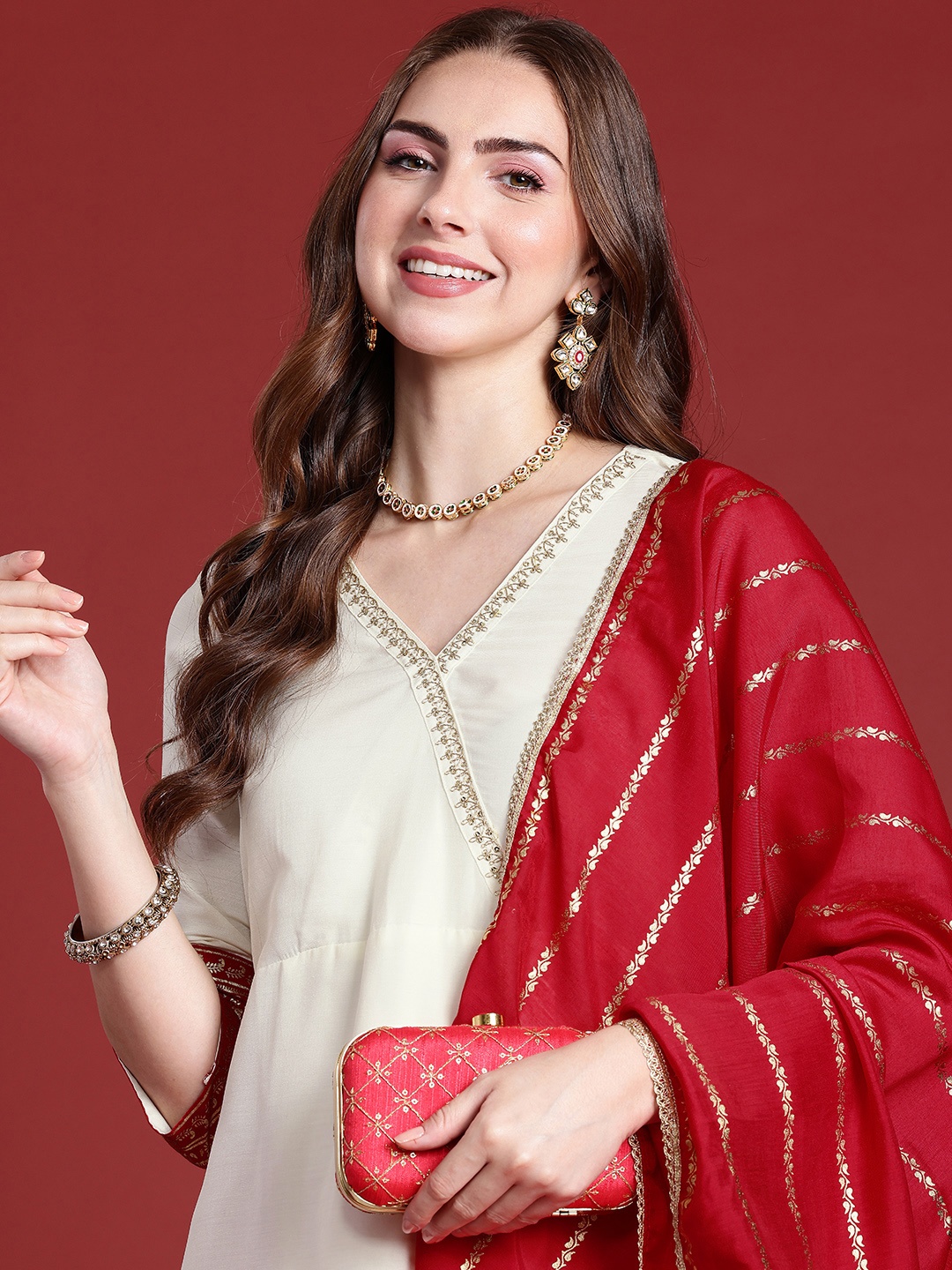 

Anouk Women Ethnic Motifs Printed Angrakha Kurta with Palazzos & With Dupatta, White