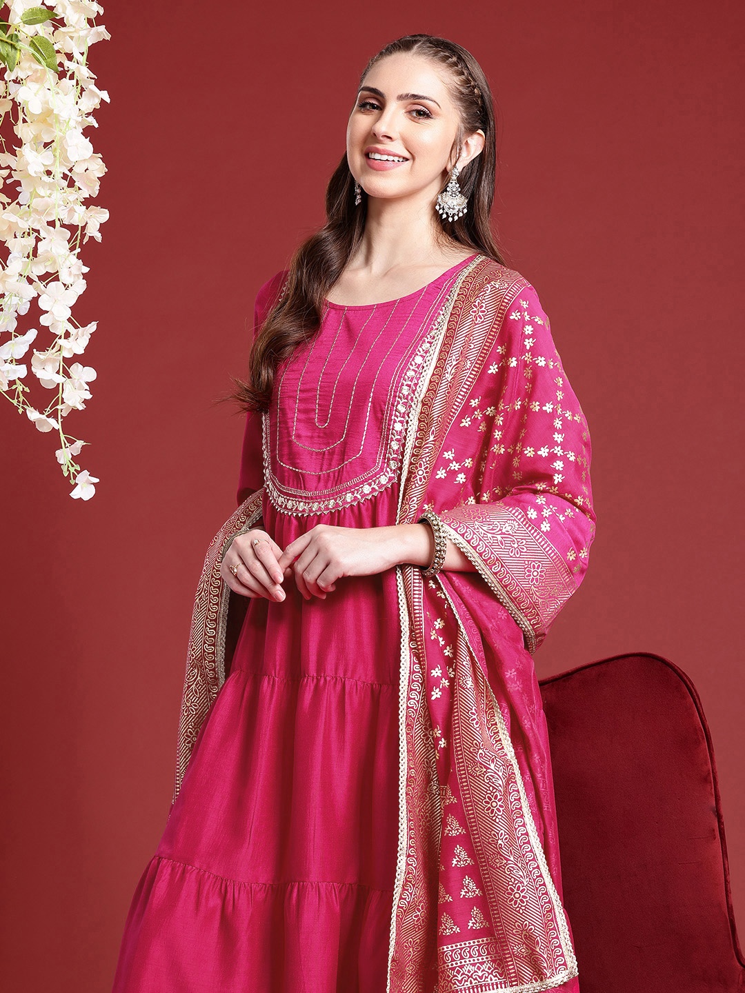 

Anouk Floral Yoke Design Tiered Gotta Patti A-Line Kurta With Trousers & With Dupatta, Magenta