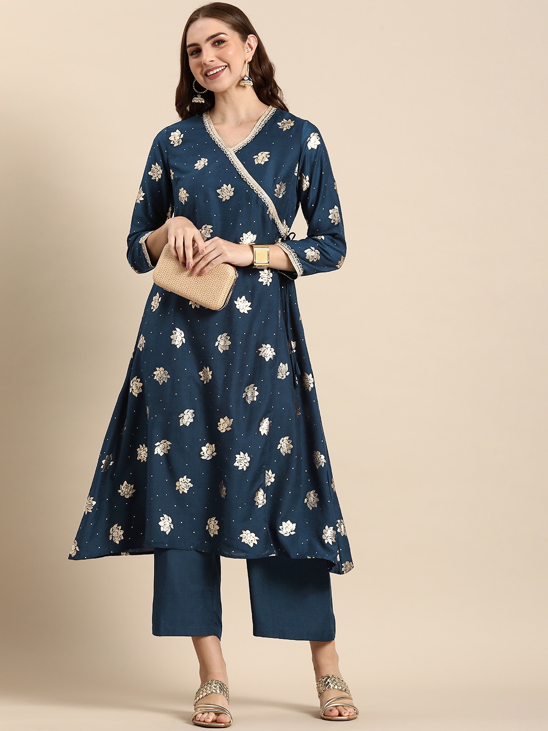 

Anouk Ethnic Motifs Printed Angrakha A-Line Kurta With Palazzos, Navy blue