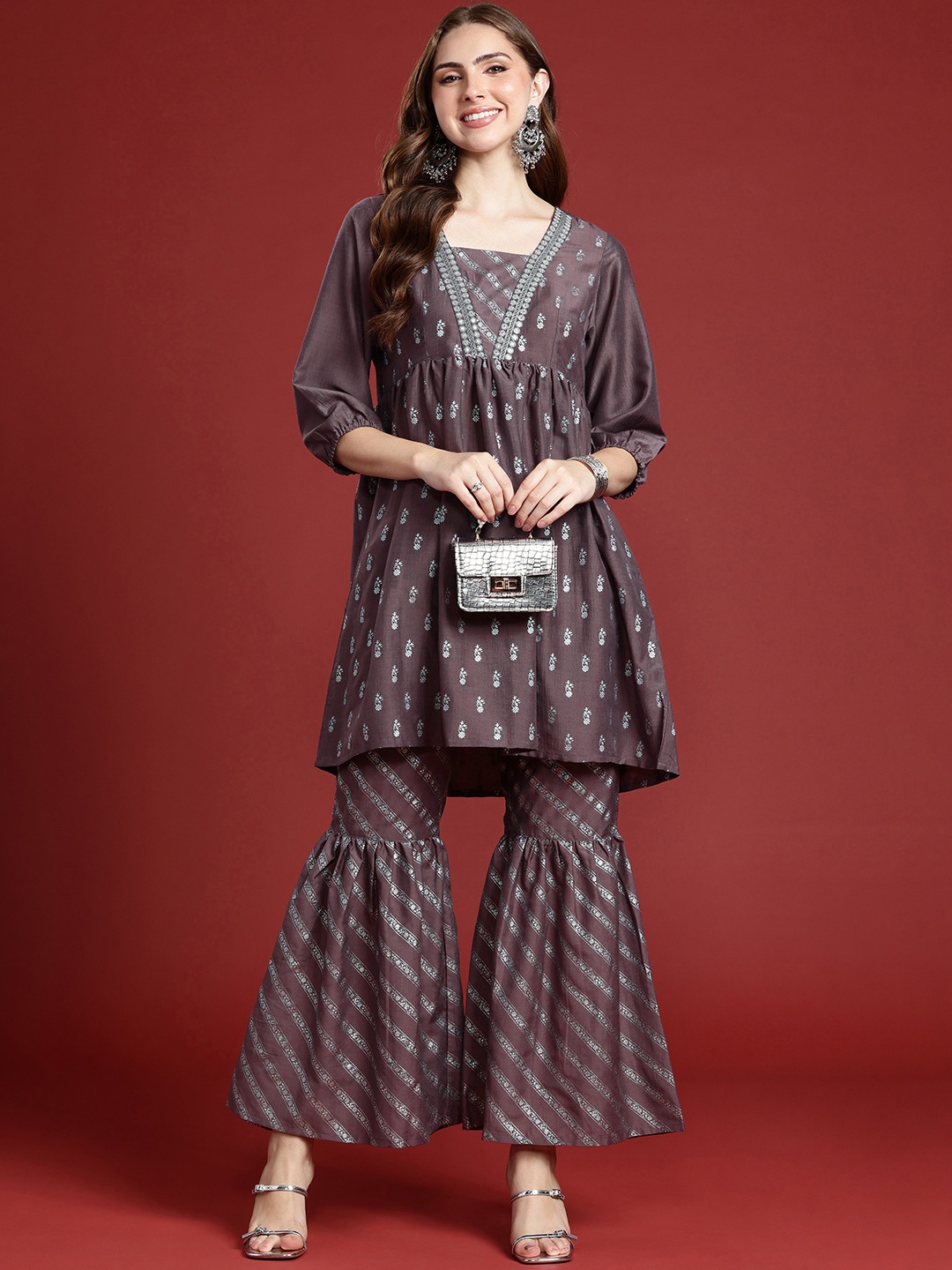 

Anouk Floral Printed Regular Sequinned A-Line Kurti With Sharara, Violet