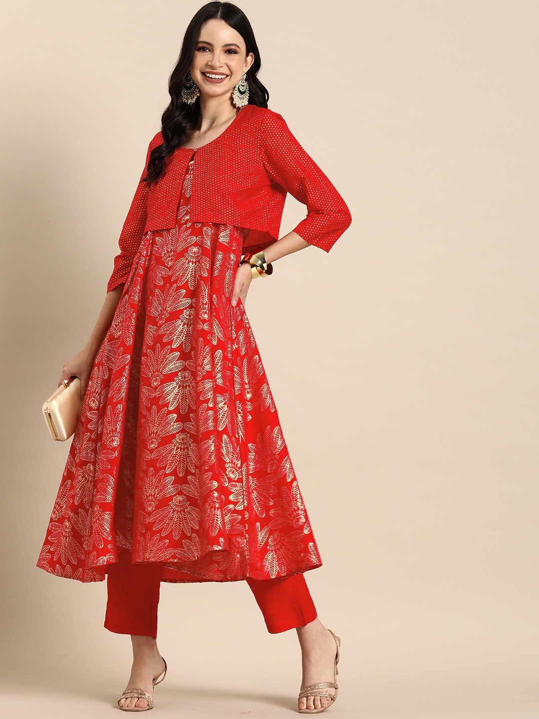 

Anouk Ethnic Motifs Printed Regular A-Line Kurta With Trousers Comes With A Jacket, Red