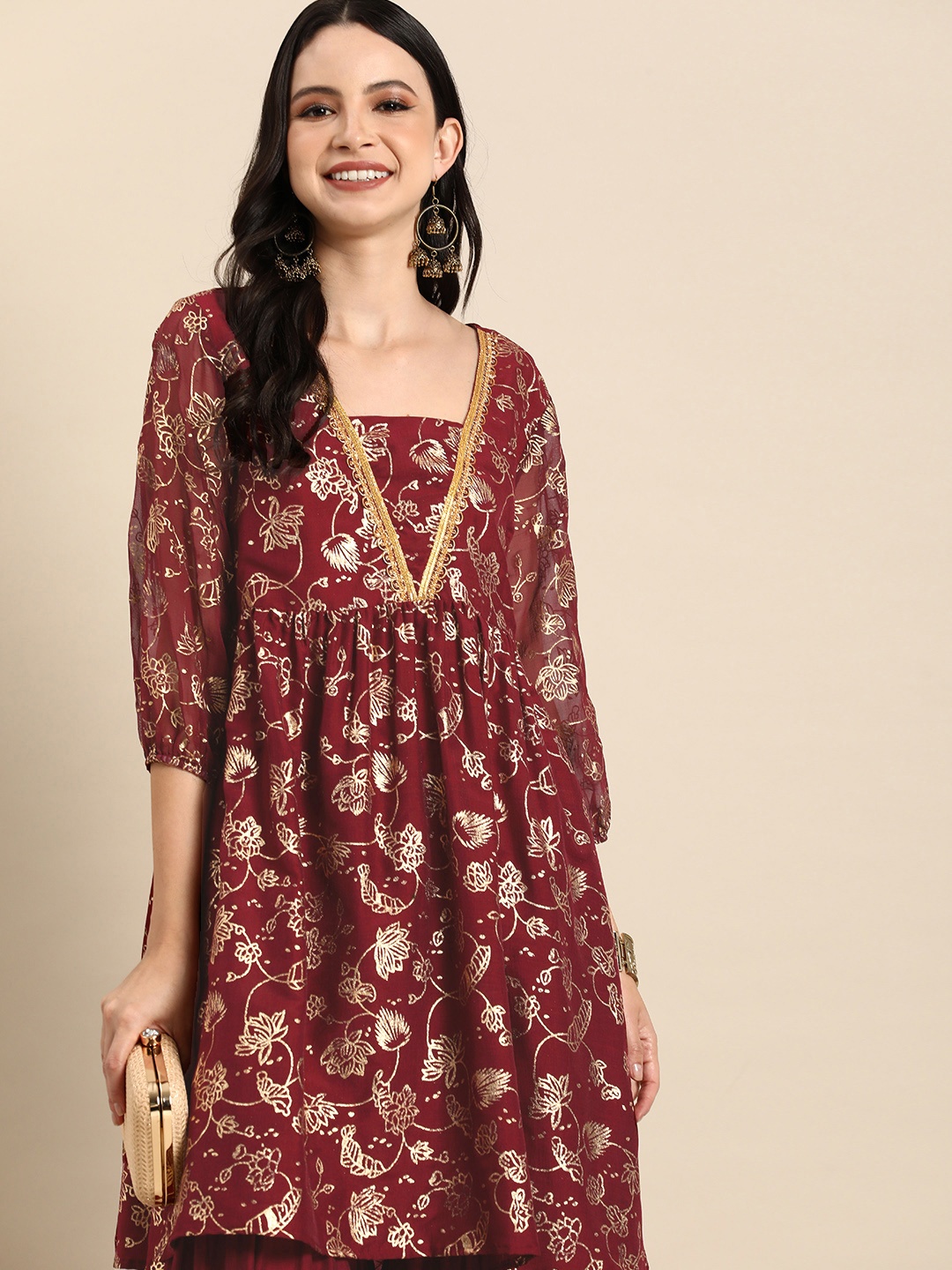 

Anouk Ethnic Motifs Printed Regular A-Line Flared Kurti With Sharara, Brown