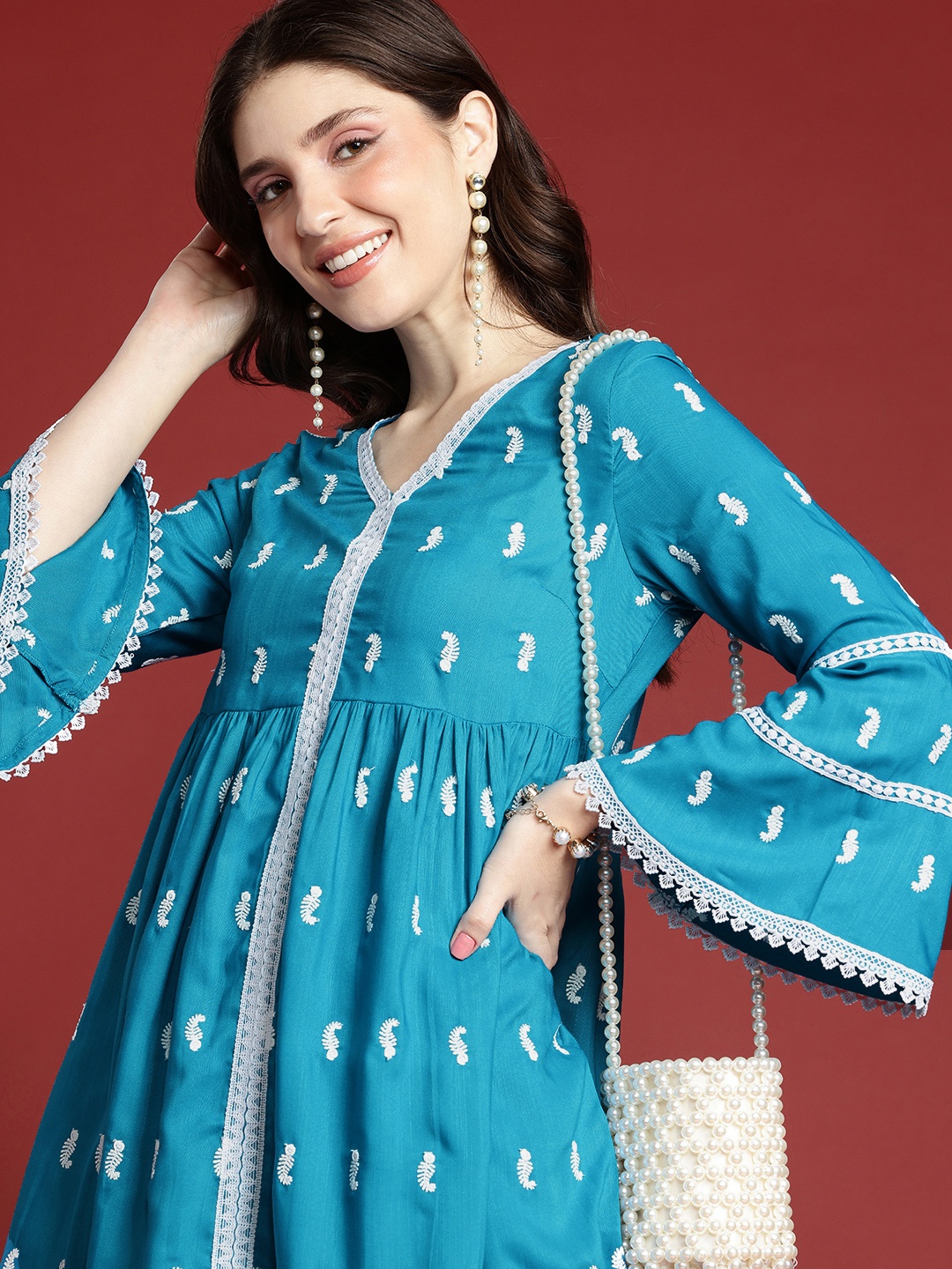 

Anouk Ethnic Motifs Embroidered Kurta with Sharara, Blue