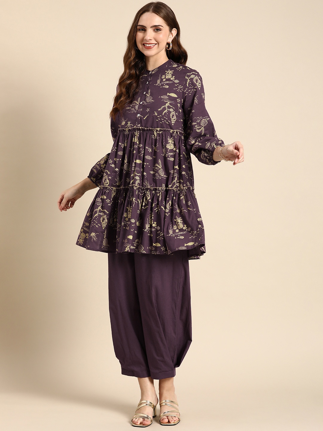 

Anouk Ethnic Motifs Printed Regular Pure Cotton Tiered Kurti with Trousers, Purple