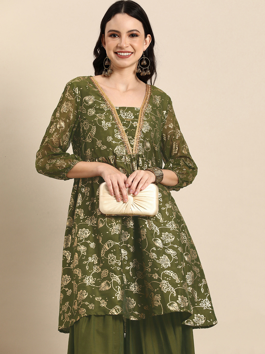 

Anouk Ethnic Motifs Printed Regular A-Line Flared Kurti With Sharara, Olive