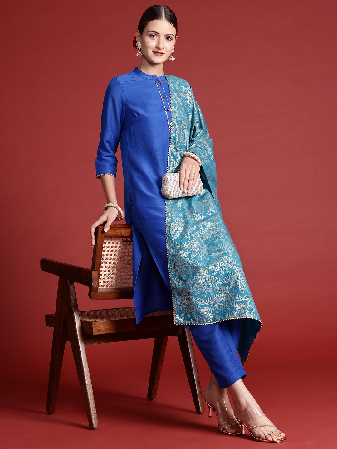 

Anouk Gotta Patti Kurta with Trousers & Printed Dupatta, Blue