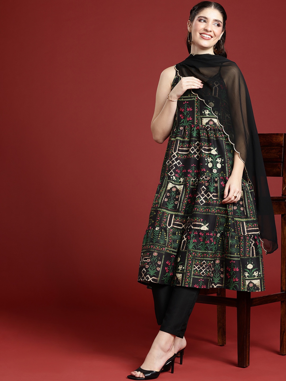 

Anouk Ethnic Motifs Printed Shoulder Straps A-Line Kurta With Trousers & With Dupatta, Black