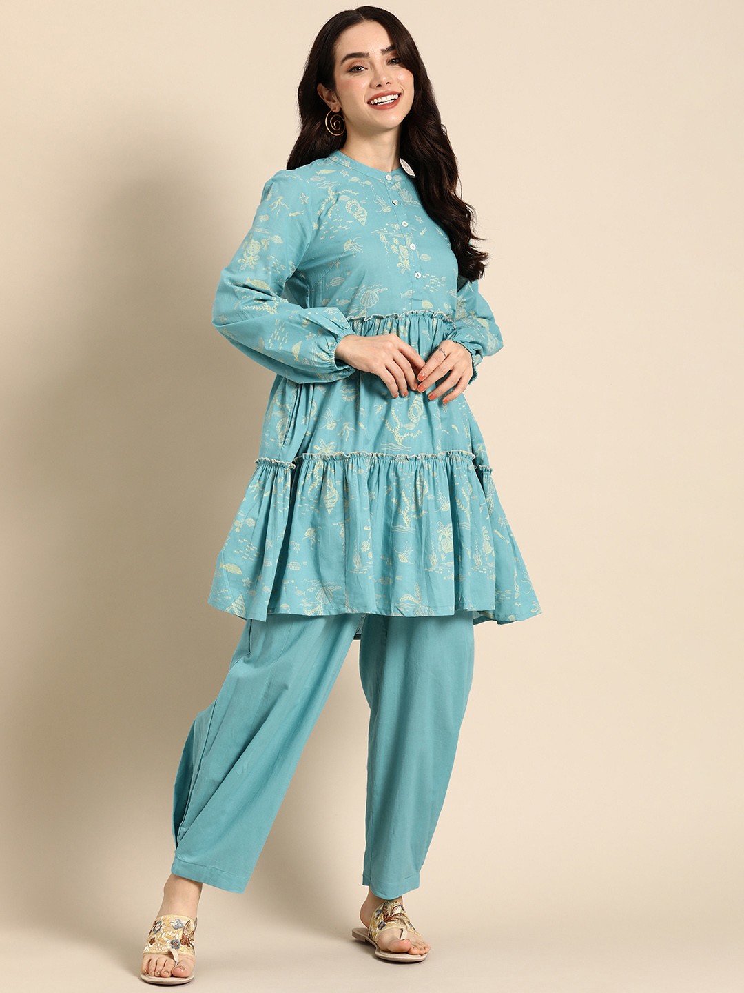 

Anouk Ethnic Motifs Printed Regular Pure Cotton Tiered Kurti with Trousers, Blue