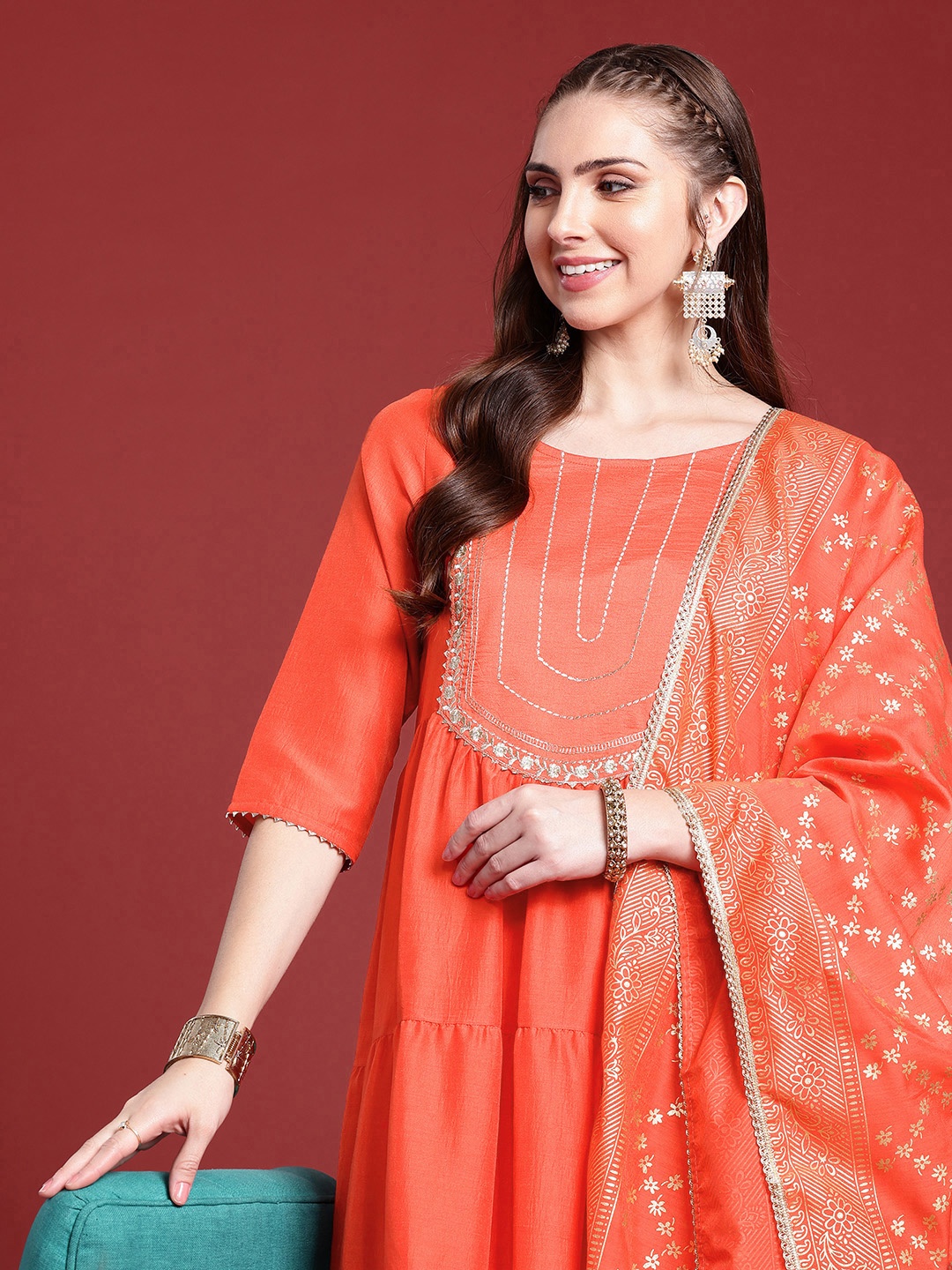 

Anouk Floral Yoke Design Tiered Gotta Patti A-Line Kurta With Trousers & With Dupatta, Orange