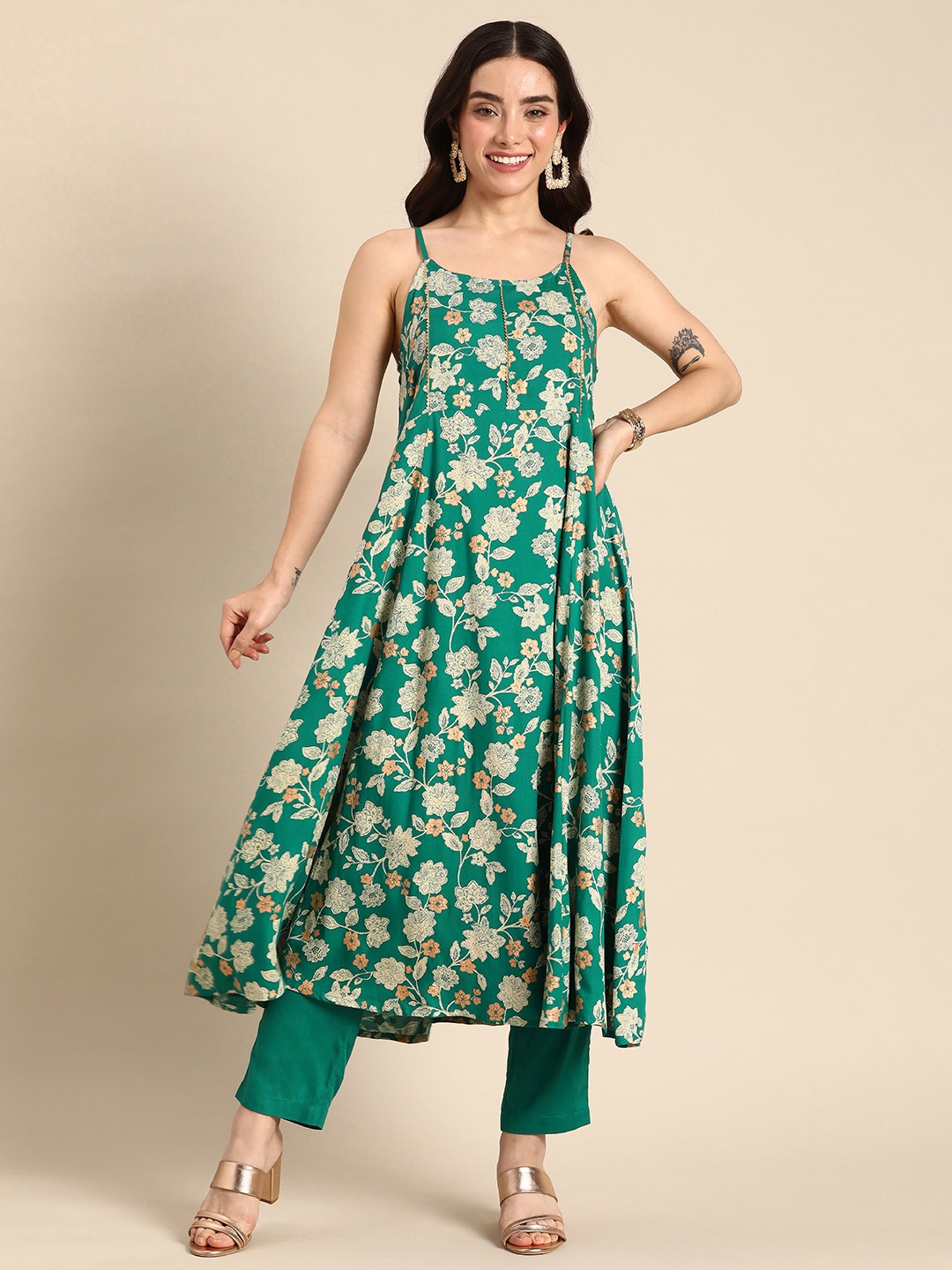 

Anouk Printed Shoulder Straps A-Line Kurta with Trousers, Green