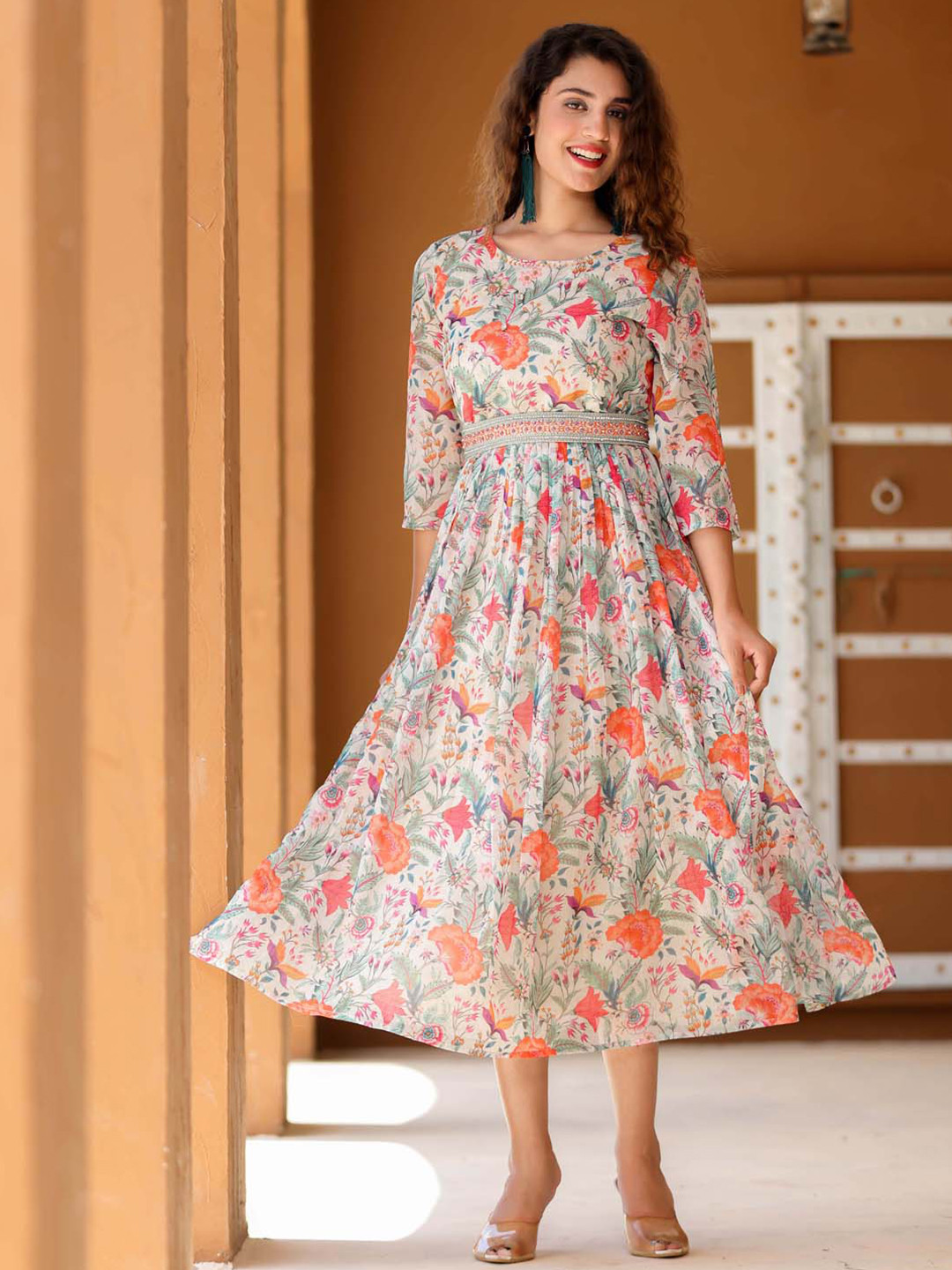 

Meena Bazaar Floral Printed Georgette Fit & Flare Midi Dress, Cream