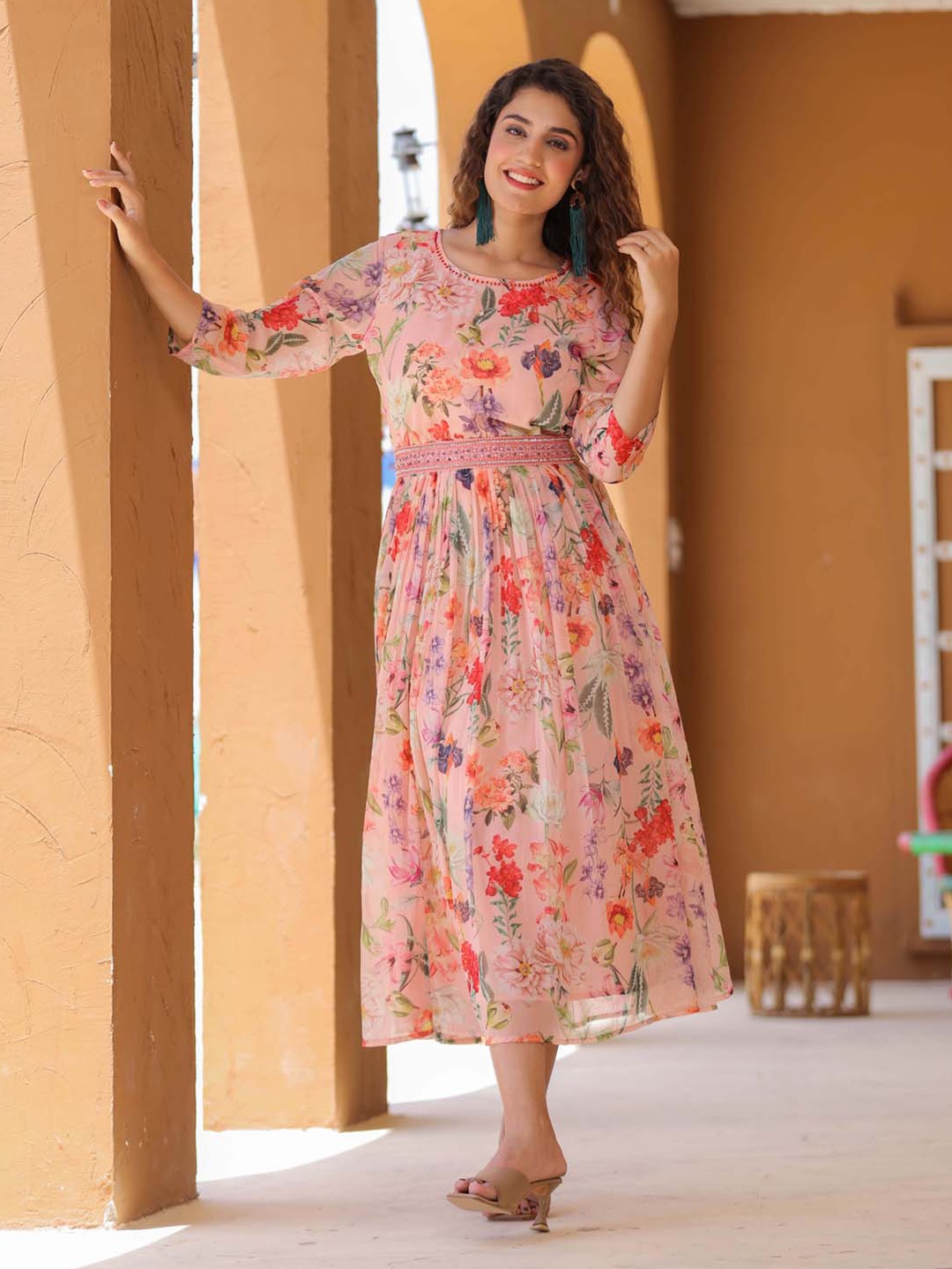 

Meena Bazaar Floral Printed Georgette Fit & Flare Midi Dress, Pink