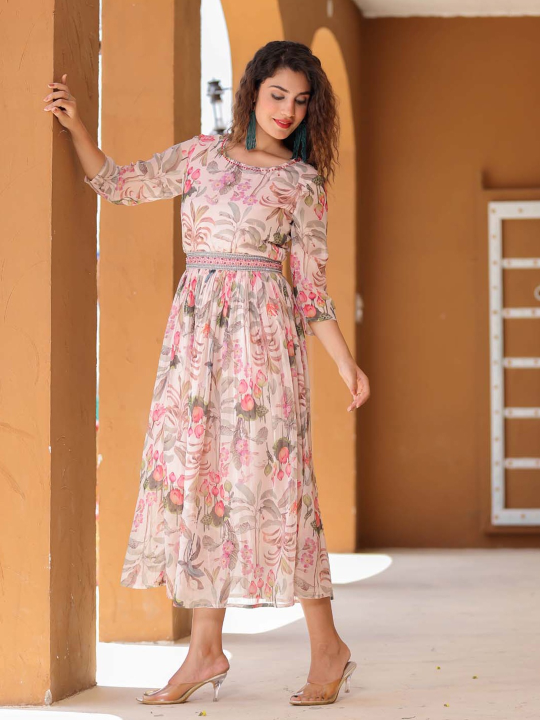 

Meena Bazaar Floral Printed Georgette Fit & Flare Midi Dress, Pink