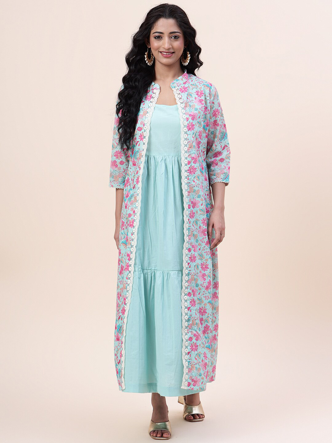 

Meena Bazaar Ethnic Motifs Embroidered Mirror Work A-Line Cotton Ethnic Dress & Shrug, Sea green