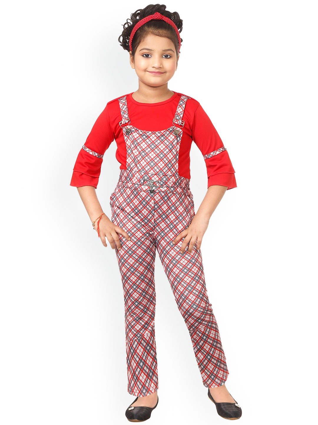 

BAESD Girls Checked Dungaree With Top, Red