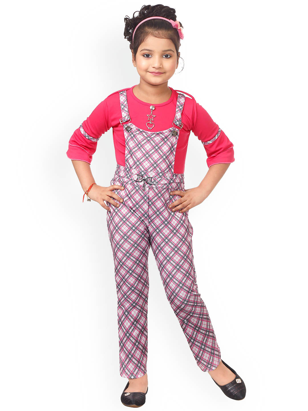 

BAESD Girls Checked Dungaree With Top, Pink