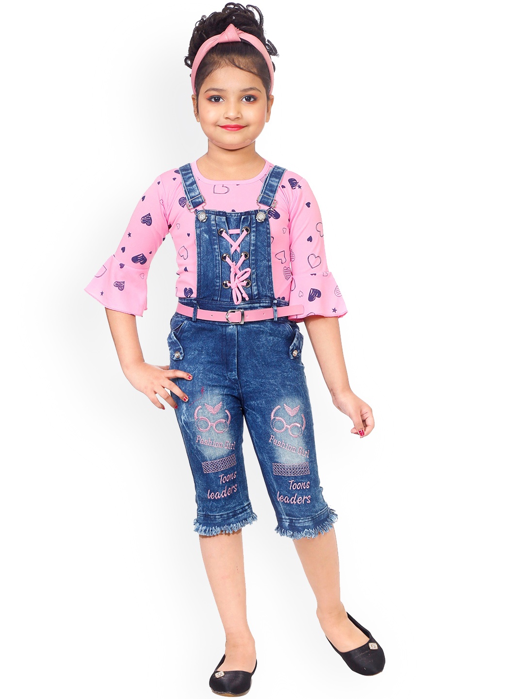

BAESD Girl Floral Printed Denim Dungaree With Top, Pink