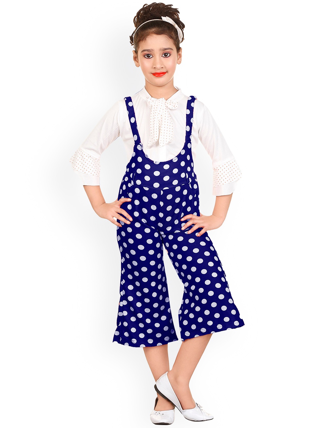 

BAESD Girls Polka Dots Printed Dungaree With Top, Navy blue