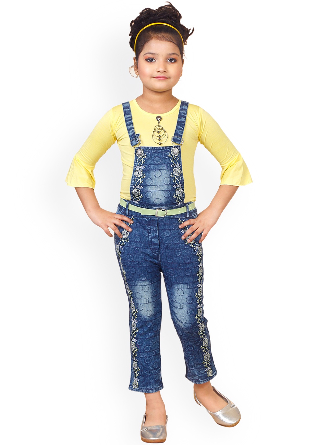 

BAESD Girls Floral Printed Denim Dungaree With Top, Yellow