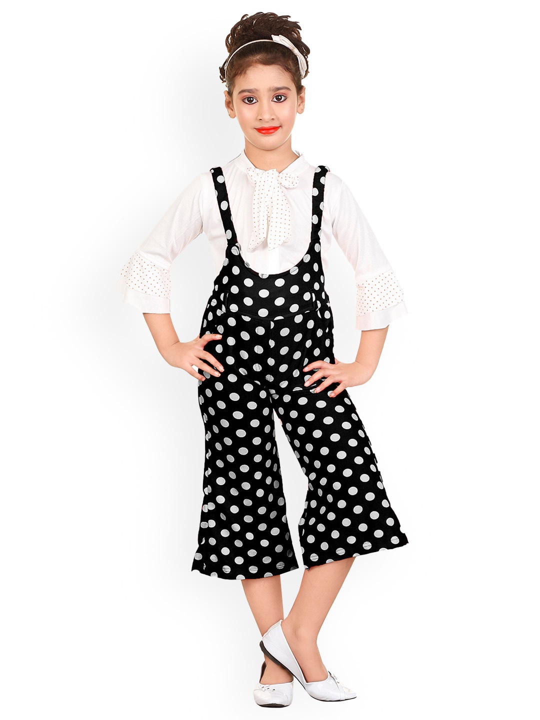 BAESD Girls Polka Dots Printed Dungarees With Top, Black