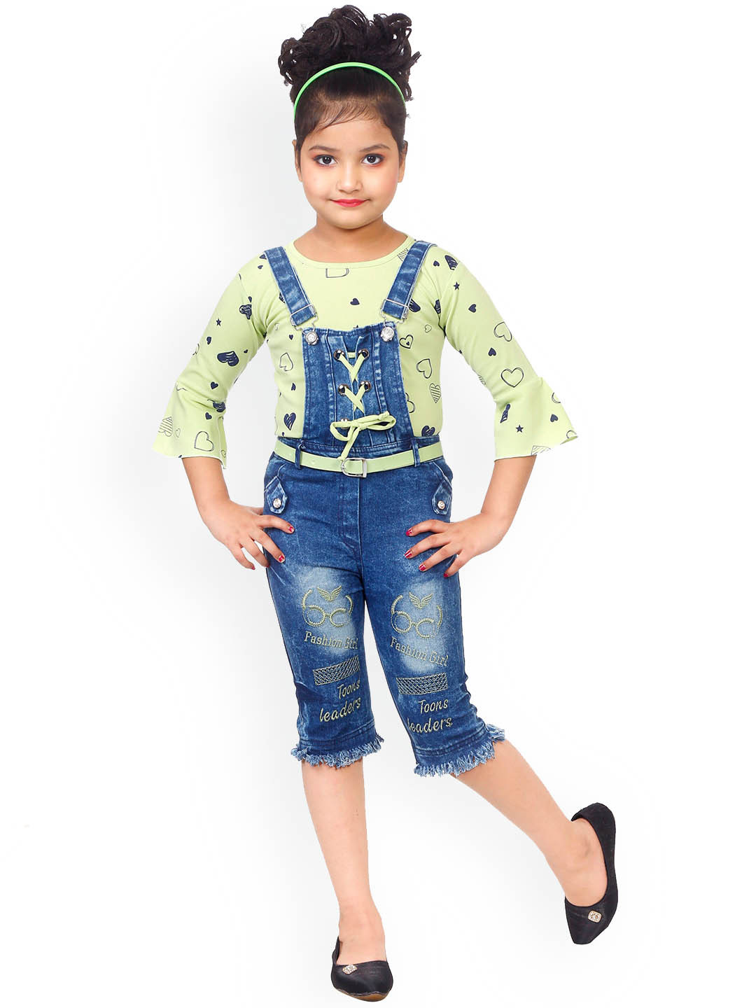 

BAESD Girls Floral Printed Denim Dungaree With Top, Green