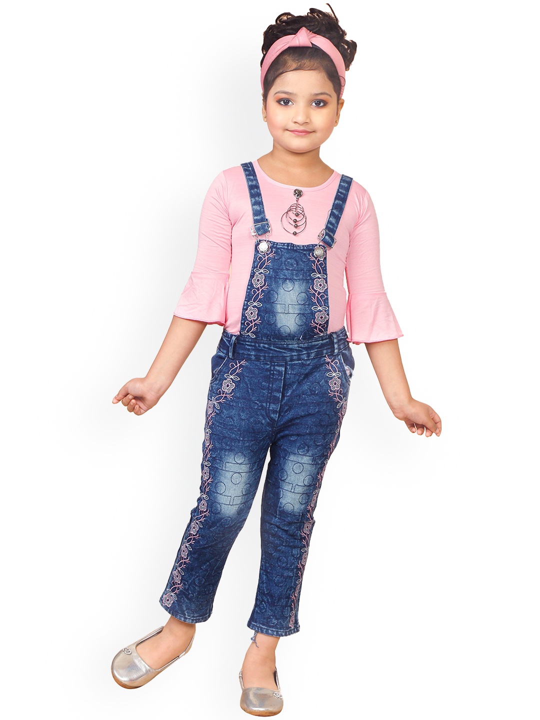 

BAESD Girls Floral Printed Denim Dungaree With Top, Blue