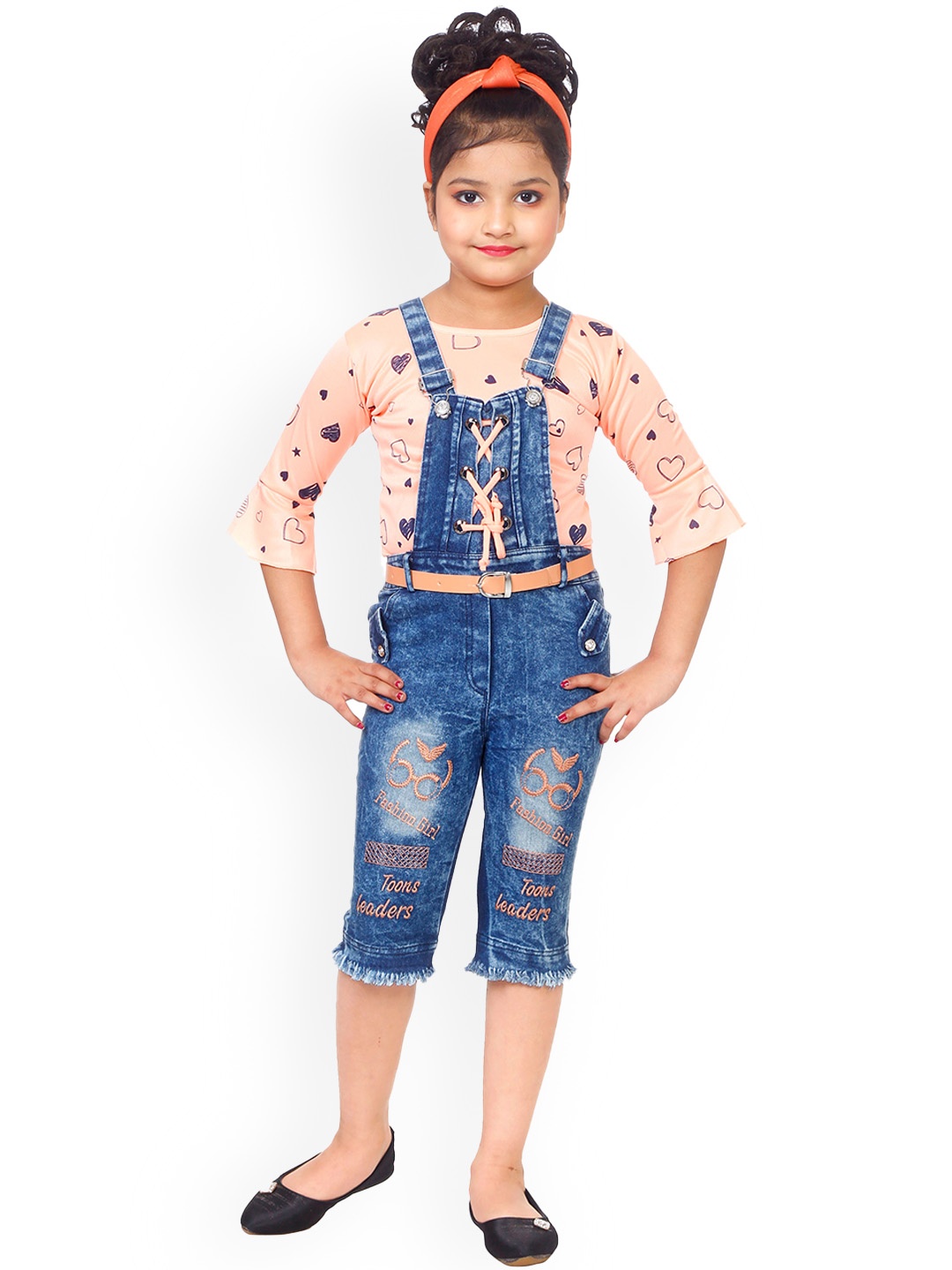 

BAESD Girls Floral Printed Denim Dungaree With Top, Peach
