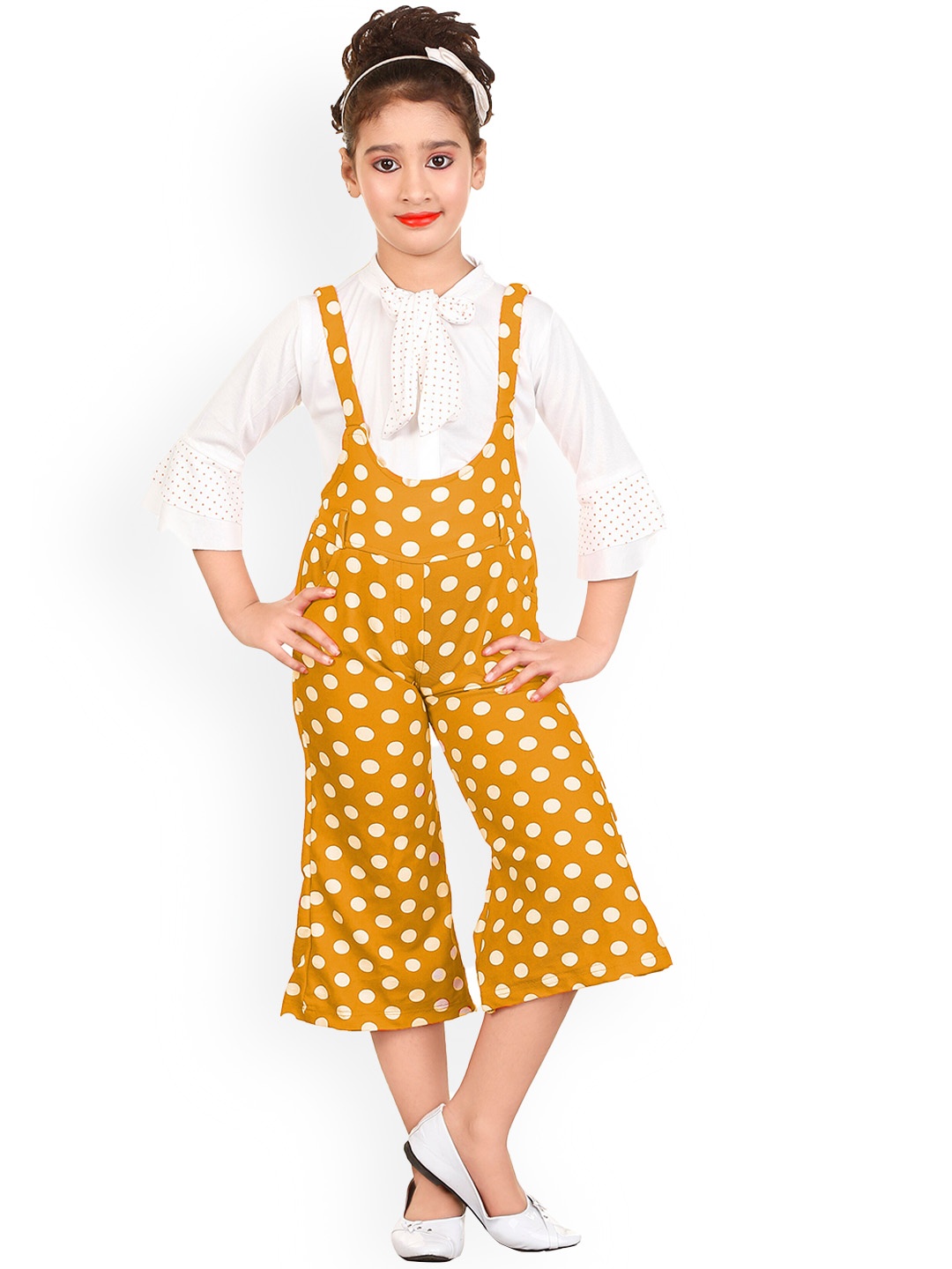 

BAESD Girls Polka Dots Printed Cotton Dungaree With Top, Yellow