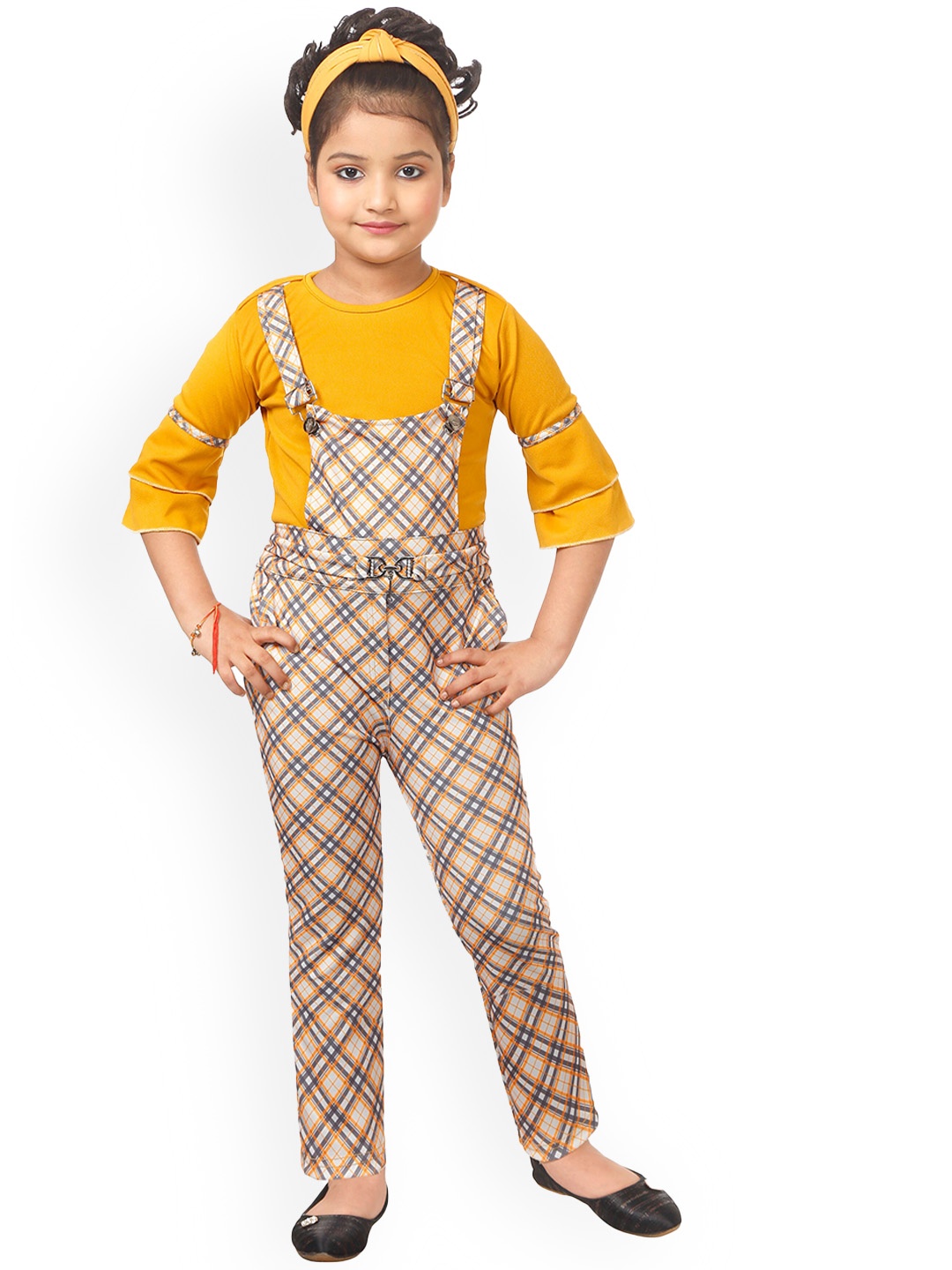 

BAESD Girls Checked Dungaree With Top, Yellow