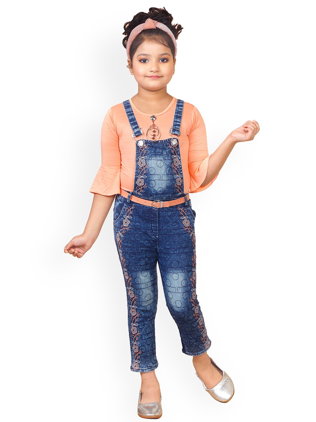 

BAESD Girls Floral Printed Slim Fit Denim Dungaree With Top, Blue