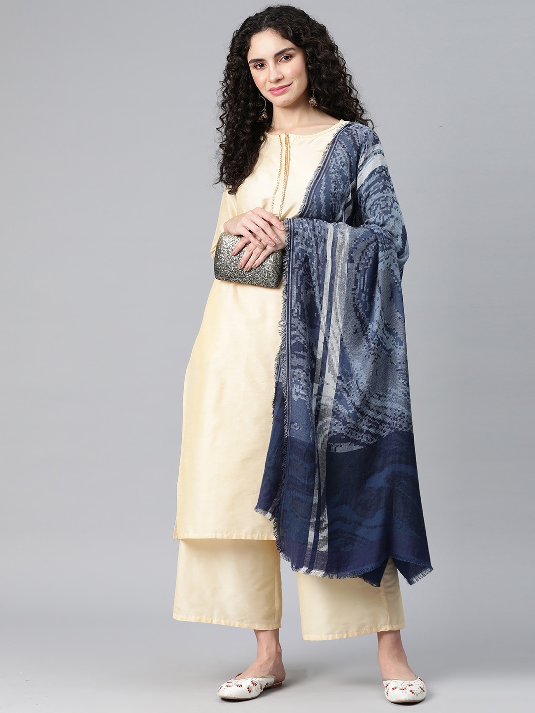 

SWI Stylish Abstract Woven Design Pure Cotton Shawl, Navy blue