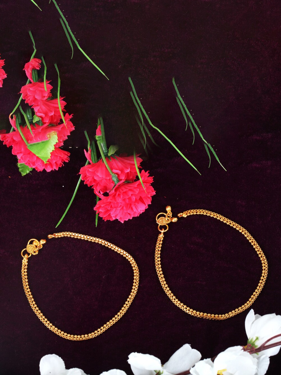 

MEENAZ Set Of 2 Gold-Plated Beaded Anklets