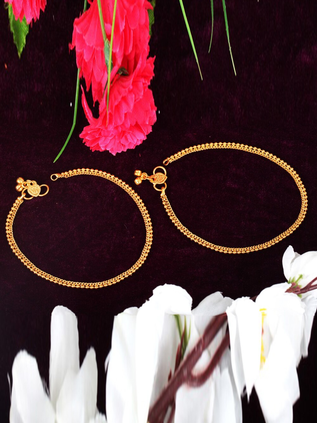 

MEENAZ Set Of 2 Gold-Plated & Beaded Anklets