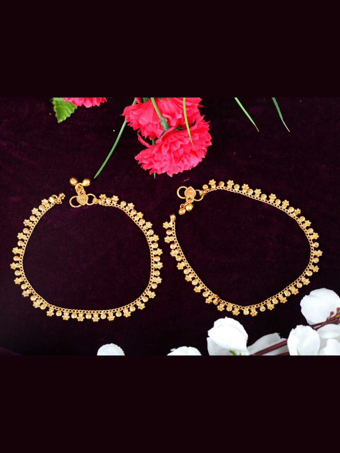 

MEENAZ Pack Of 2 Gold-Plated Floral Motif Designed Brass Anklets
