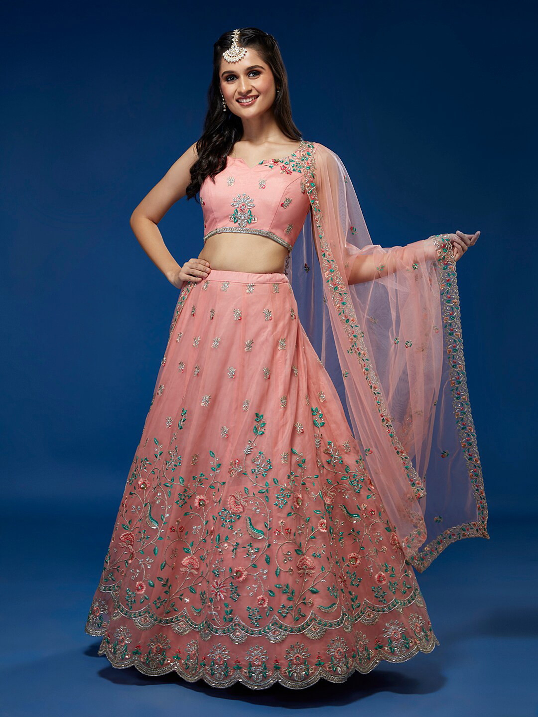 

panchhi Embroidered Sequinned Semi-Stitched Lehenga & Unstitched Blouse With Dupatta, Peach