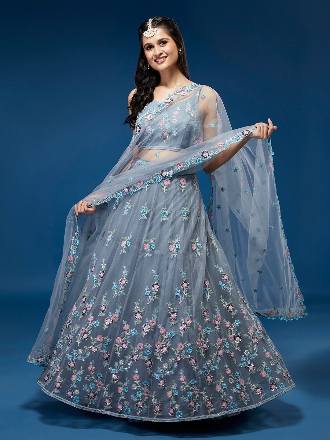 

panchhi Embroidered Sequinned Semi-Stitched Lehenga & Unstitched Blouse With Dupatta, Grey