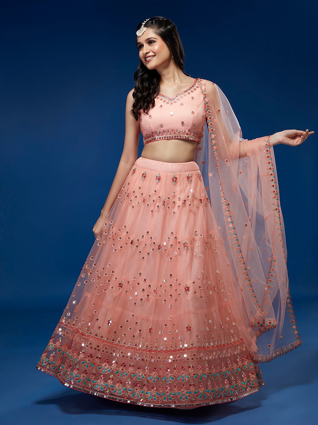 panchhi Embroidered Sequinned Semi-Stitched Lehenga & Unstitched Blouse With Dupatta, Peach
