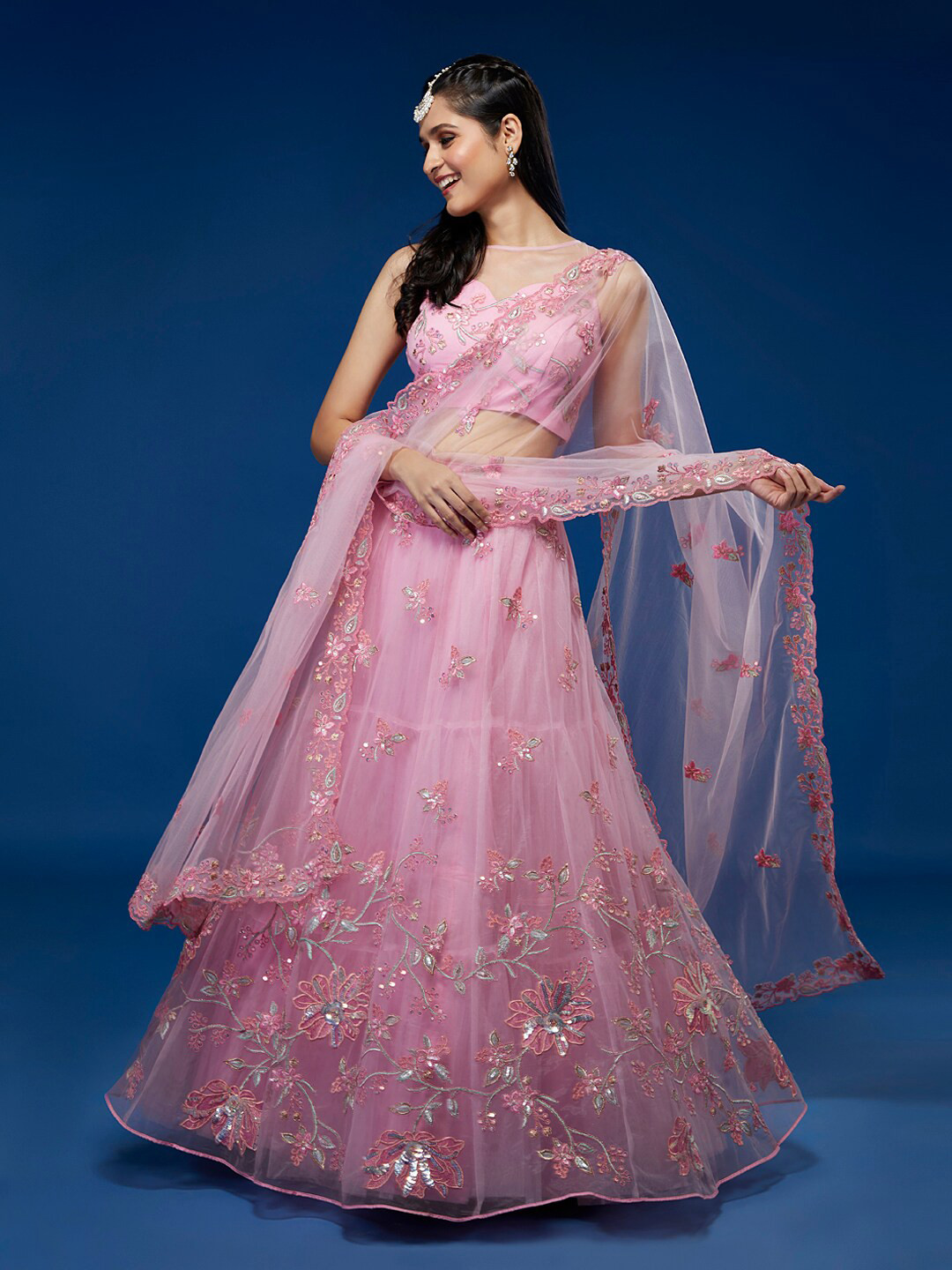 

panchhi Embroidered Sequinned Semi-Stitched Lehenga & Unstitched Blouse With Dupatta, Pink