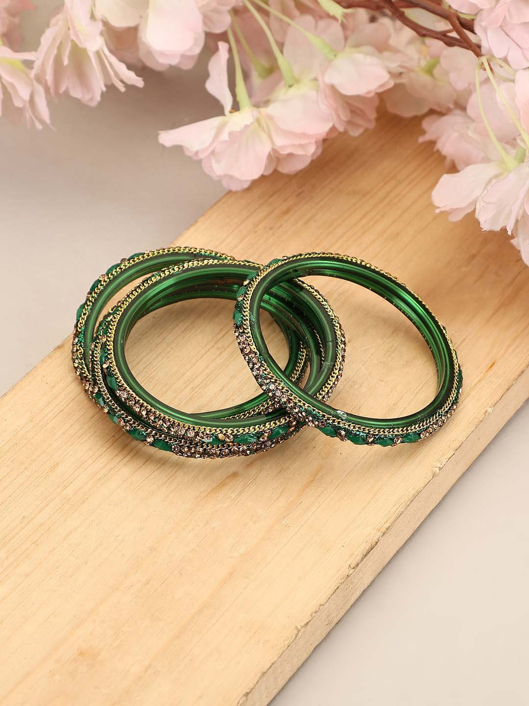 

ZaffreCollections Set Of 4 Glass & Stone-Studded Bangles, Green