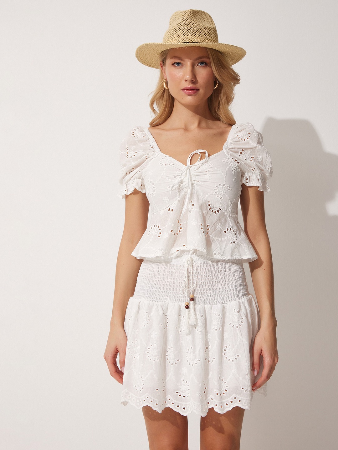 

Happiness istanbul Self Design Pure Cotton Crop Top With Skirt, White