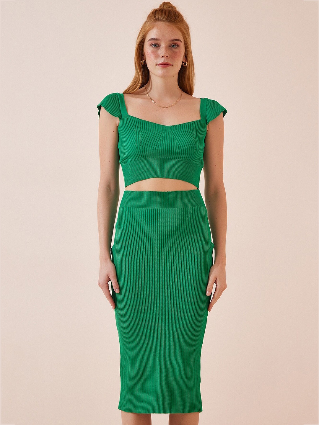 Happiness istanbul Ribbed Crop-Top & Skirt Co-Ords, Green