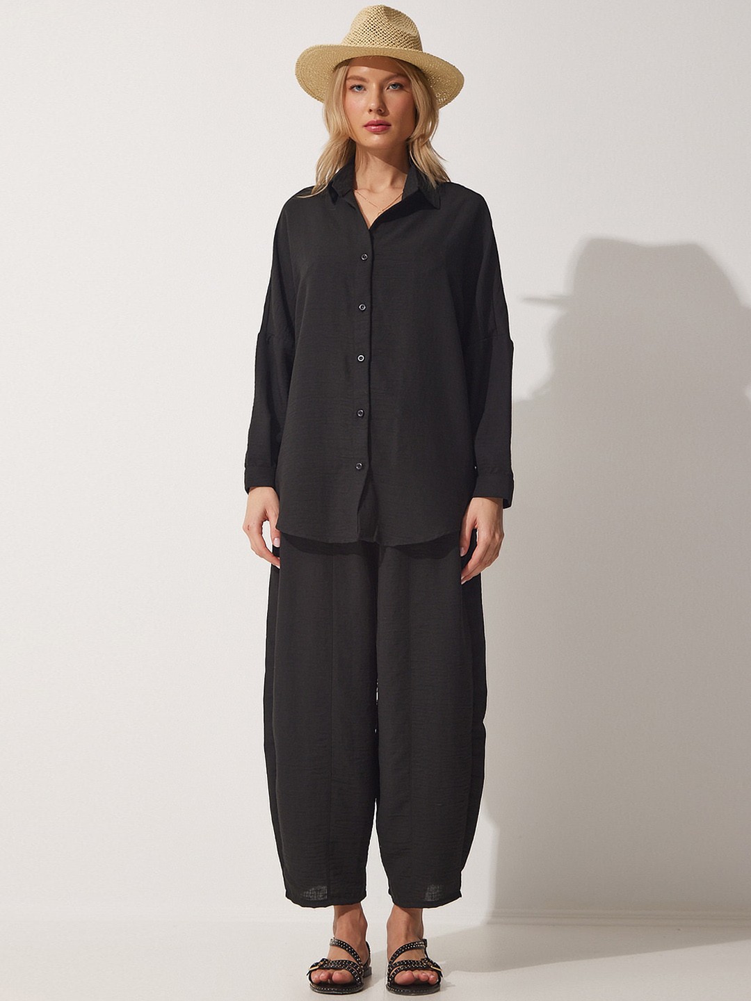 

Happiness istanbul Pure Cotton Shirt With Balloon Trousers, Black