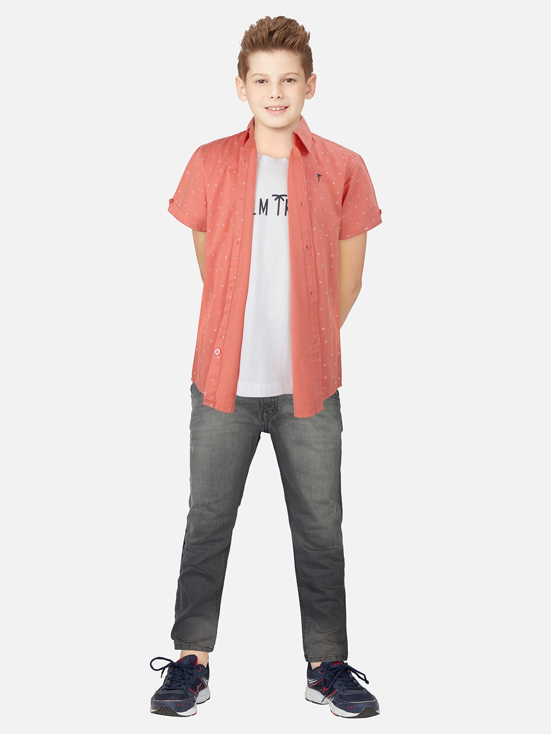 

Palm Tree Infant Boys Micro Ditsy Printed Cotton Casual Shirt, Coral