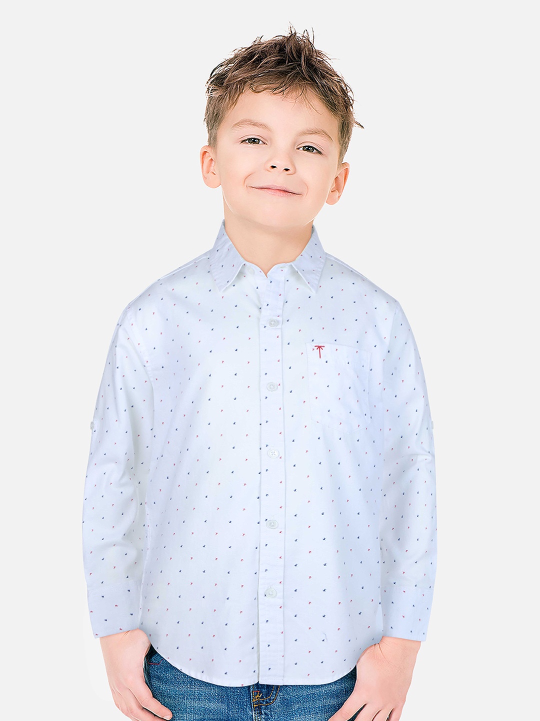 

Palm Tree Boys Micro Ditsy Printed Cotton Casual Shirt, White