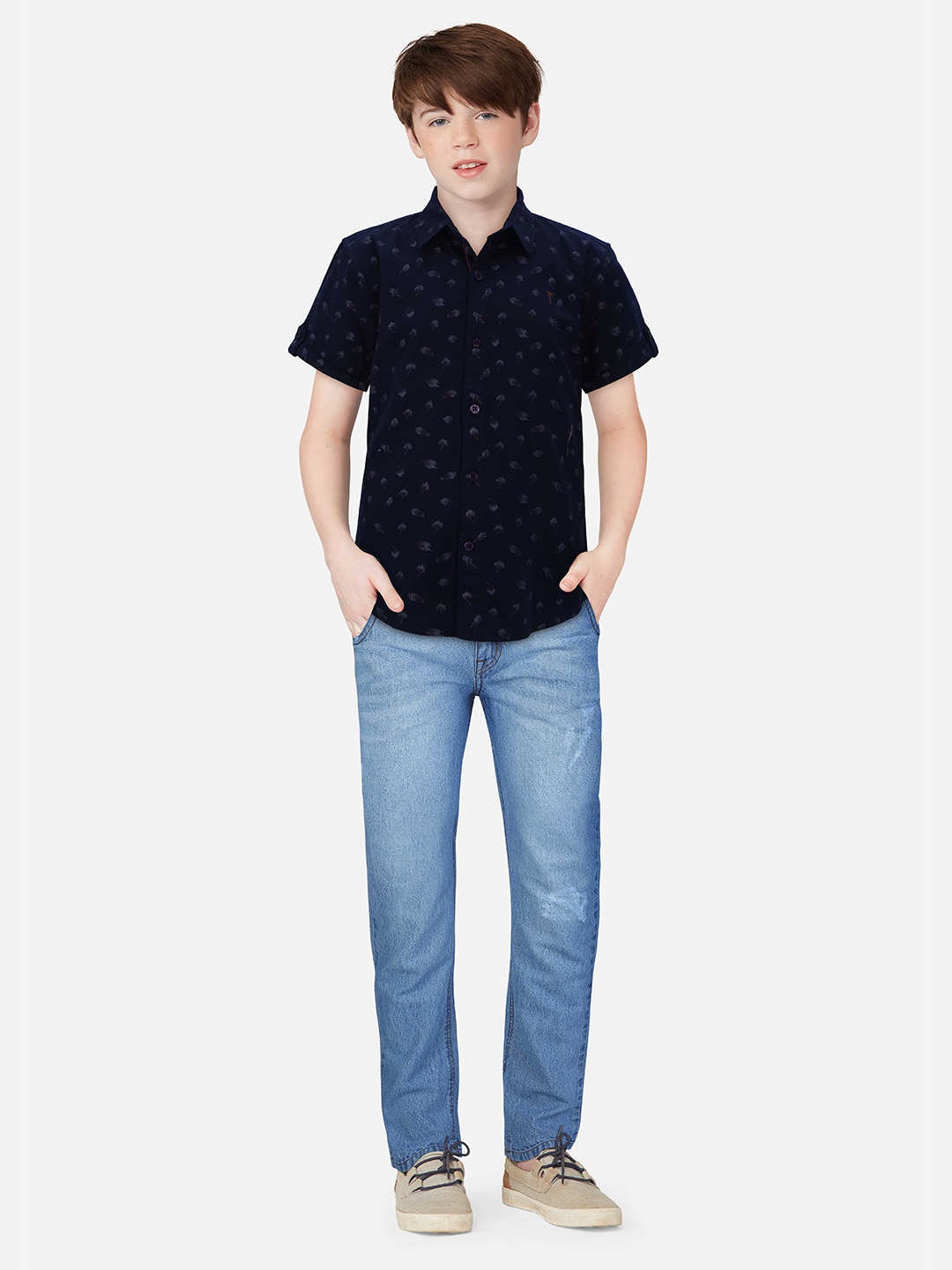 

Palm Tree Boys Abstract Printed Cotton Casual Shirt, Navy blue