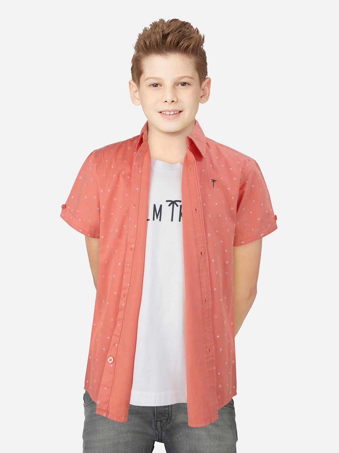 

Palm Tree Boys Micro Ditsy Printed Cotton Casual Shirt, Coral