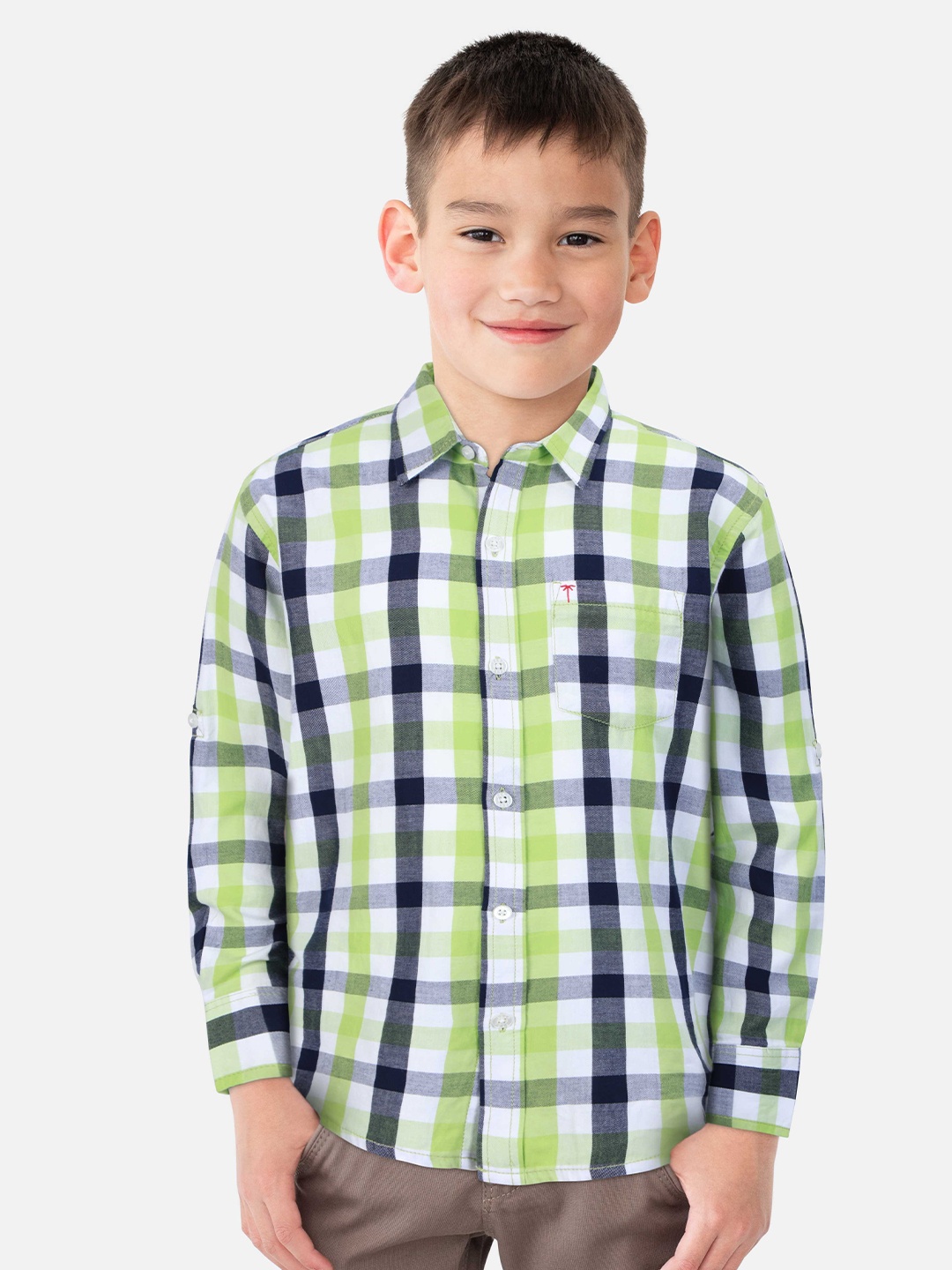 

Palm Tree Infant Boys Checked Spread Collar Cotton Casual Shirt, Green