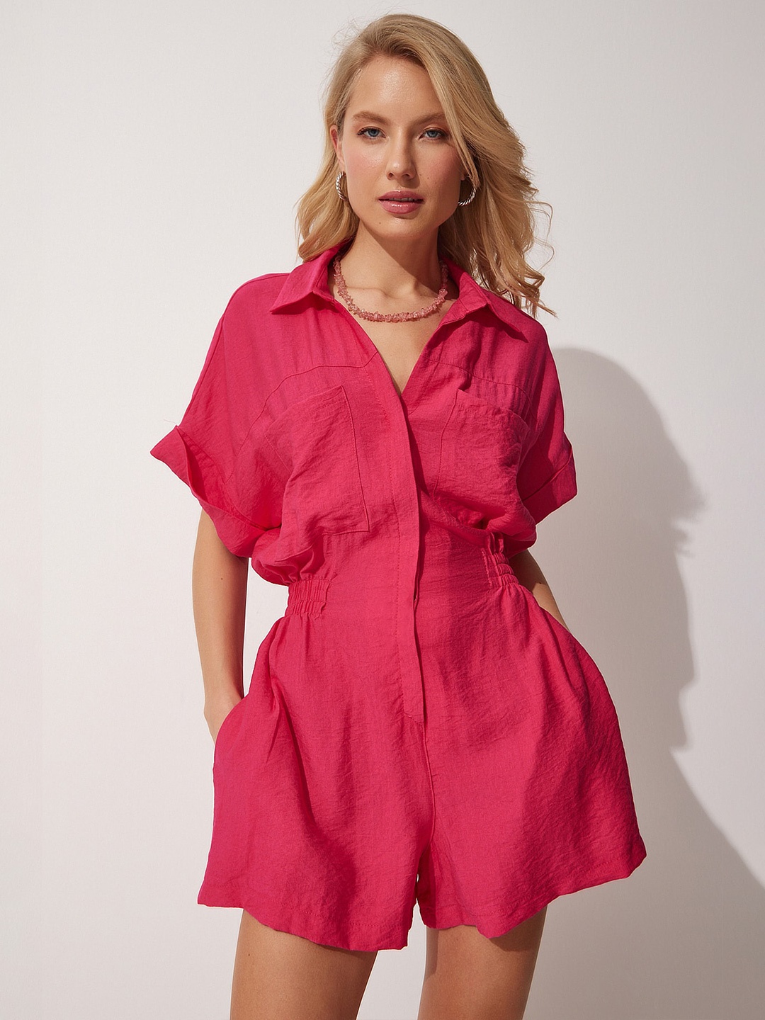 

Happiness istanbul Shirt Collar Extended Sleeve Playsuit, Pink