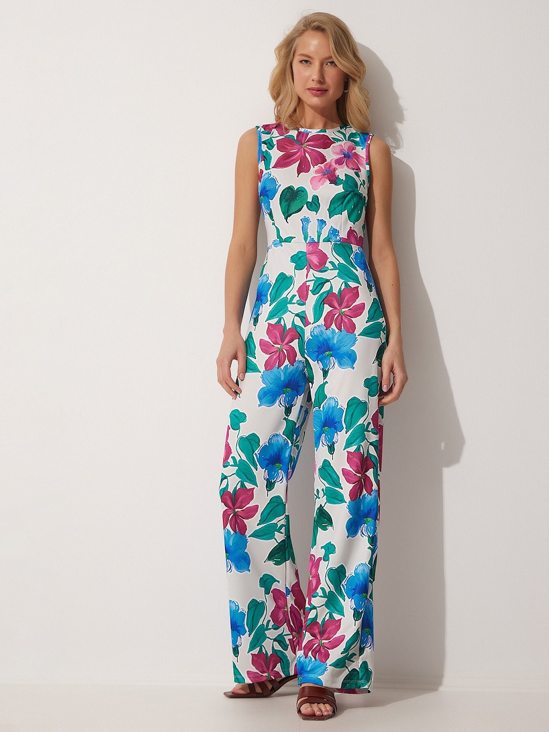 

Happiness istanbul Floral Printed Basic Jumpsuit, White