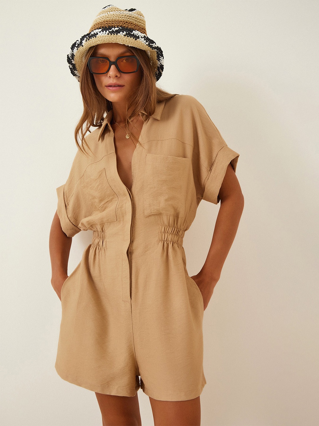 

Happiness istanbul Shirt Collar Extended Sleeve Playsuit, Beige